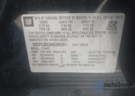 2017 Chevrolet Silverado 1500 1Lz z USA, uszkodzony, nr VIN 3GCPCSEC8HG495351